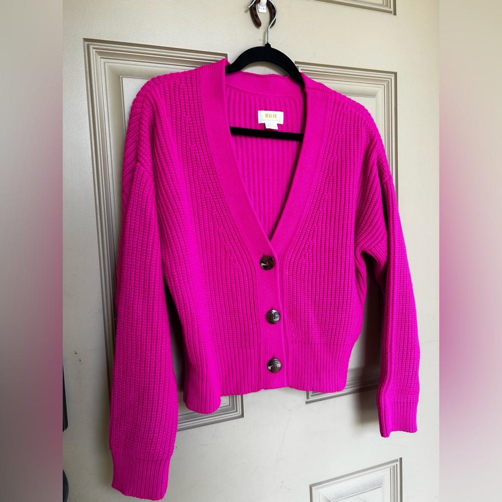 Maeve Hot Pink Ribbed V-Neck Button Cardigan Small - Picture 2 of 6